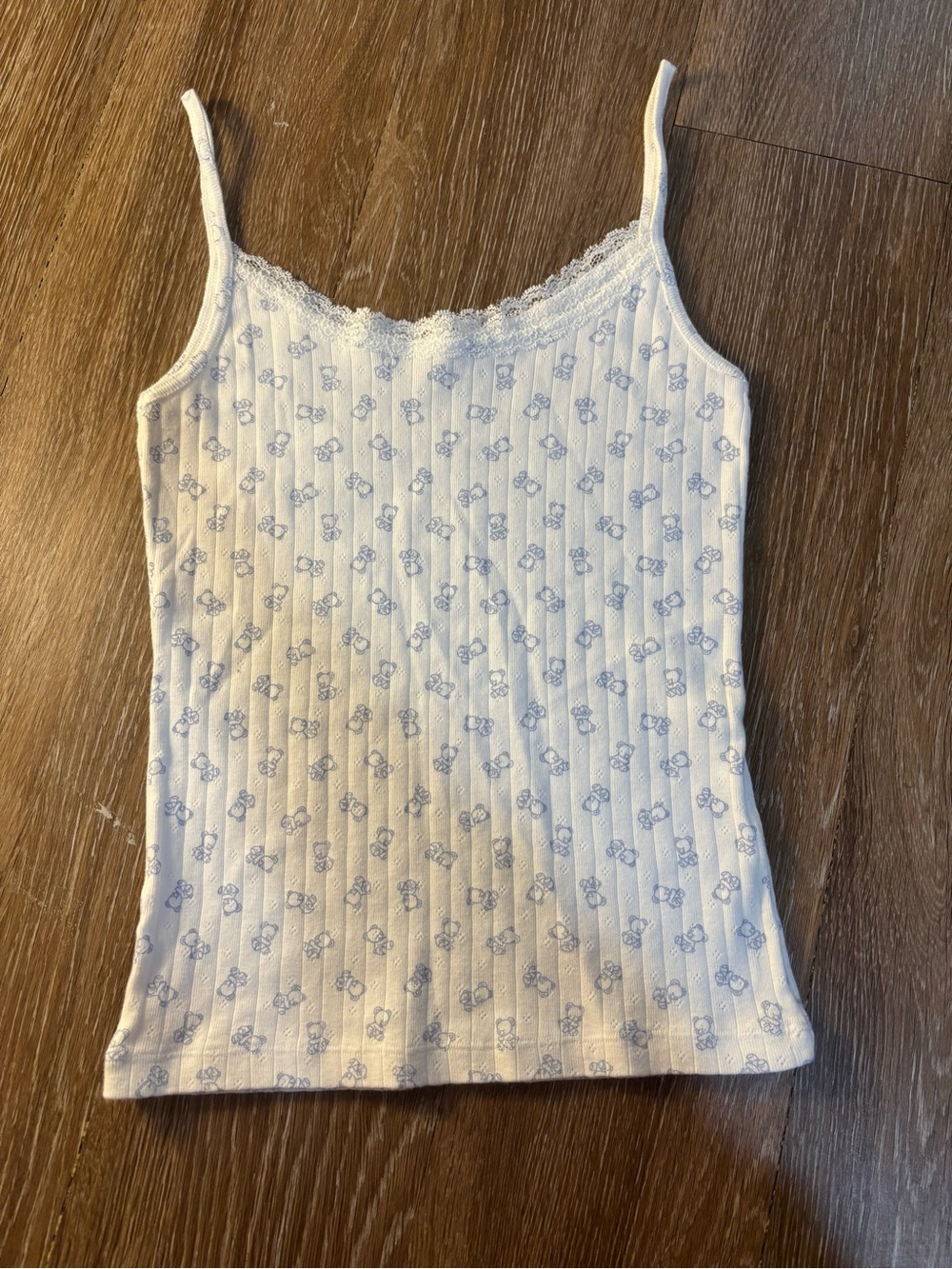 Brandy Melville White Ribbed Lace-Trim Cami with Light Blue teddy bear Print